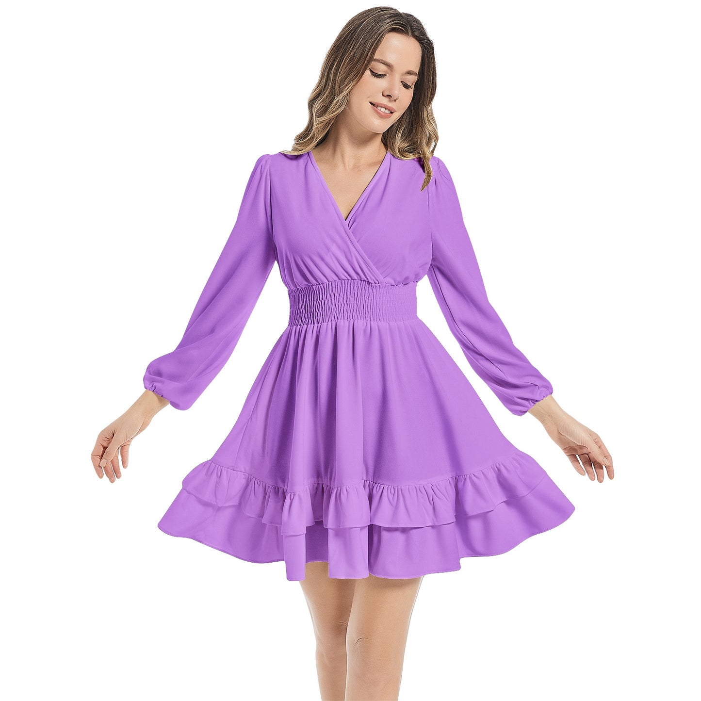 Meredith Long Sleeve Tiered Ruffle Hem Elastic Waist Mini Dress